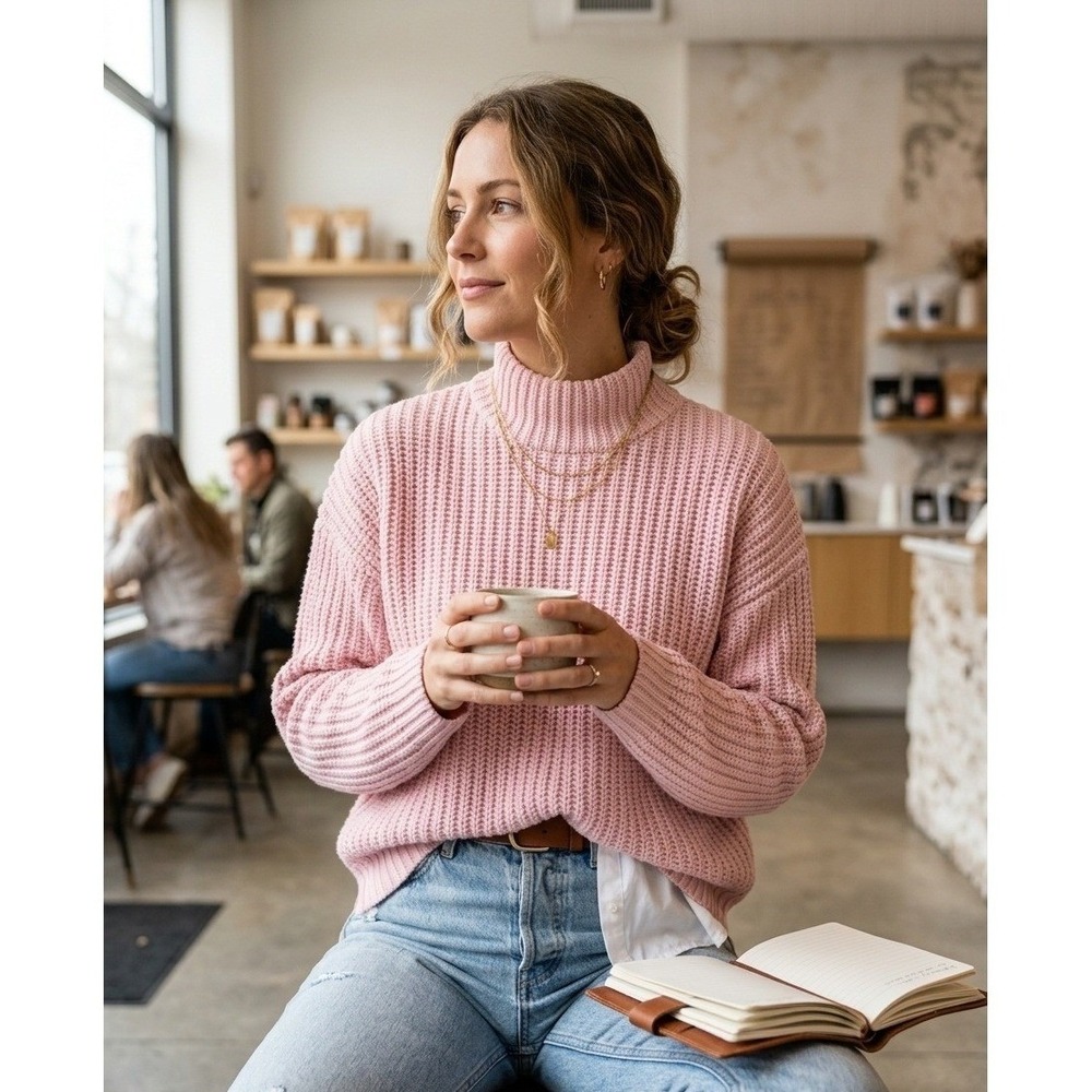 Alex Mill Womens Sweater Med Pink Merino Wool Cashmere Mock Neck Chunky